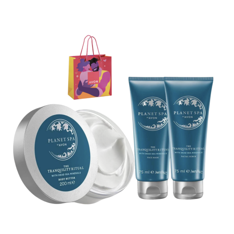 Planet Spa Kuolleenmeren mineraalit setti. Vartalovoi200ml, kasvonaamio 75ml & Kasvokuorinta 75ml + paperikassi  JOULUKUVASTO