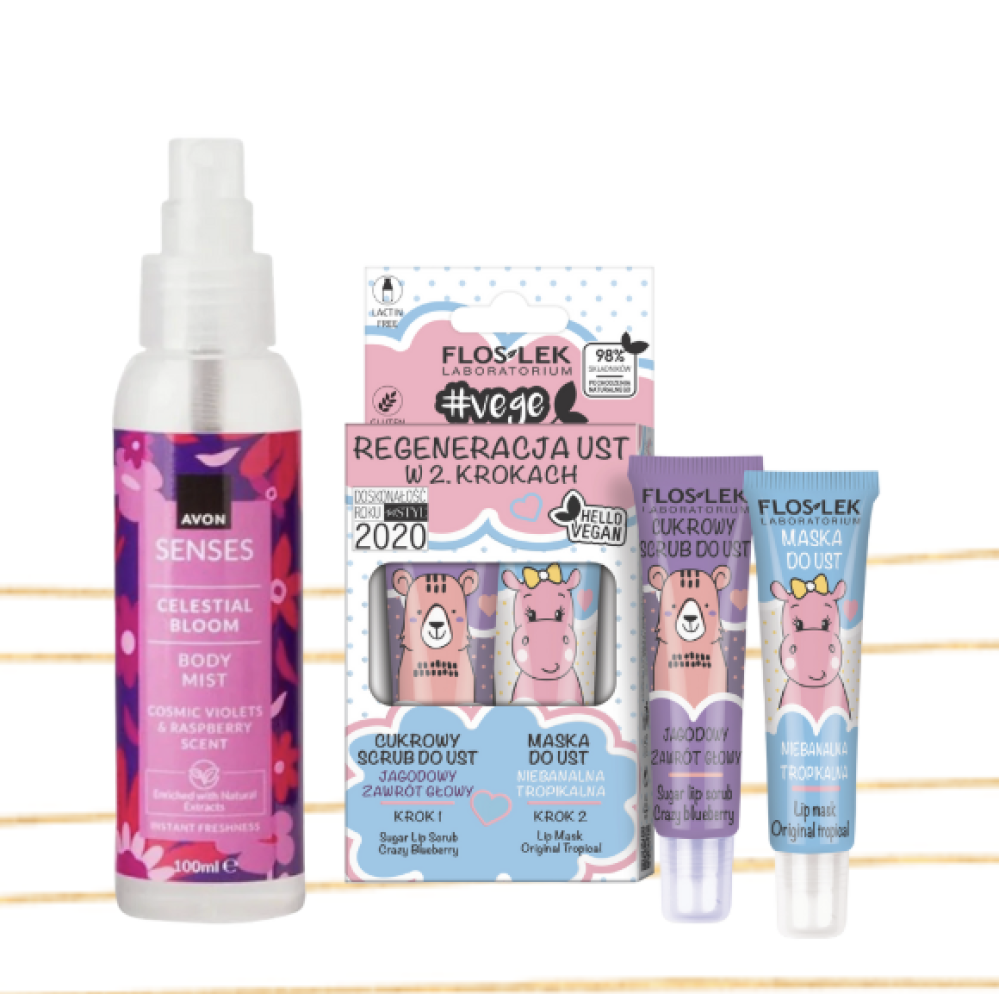 Huulikuorintasetti Mustikka&Trooppiset hedelmät & vartalotuoksu Orvokki&Vadelma JOULUKUVASTO