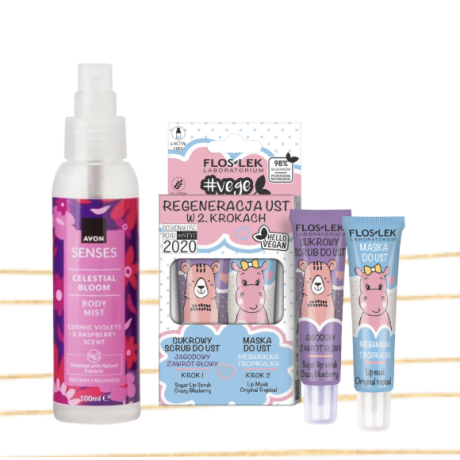 Huulikuorintasetti Mustikka&Trooppiset hedelmät & vartalotuoksu Orvokki&Vadelma JOULUKUVASTO