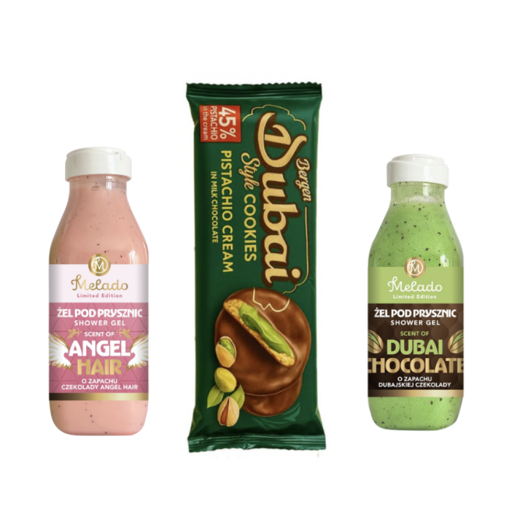 Suihkugeeli Dubain Suklaa & Angel Hair 400ml = 800ml + Dubain suklaa keksit 96g JOULUKUVASTO