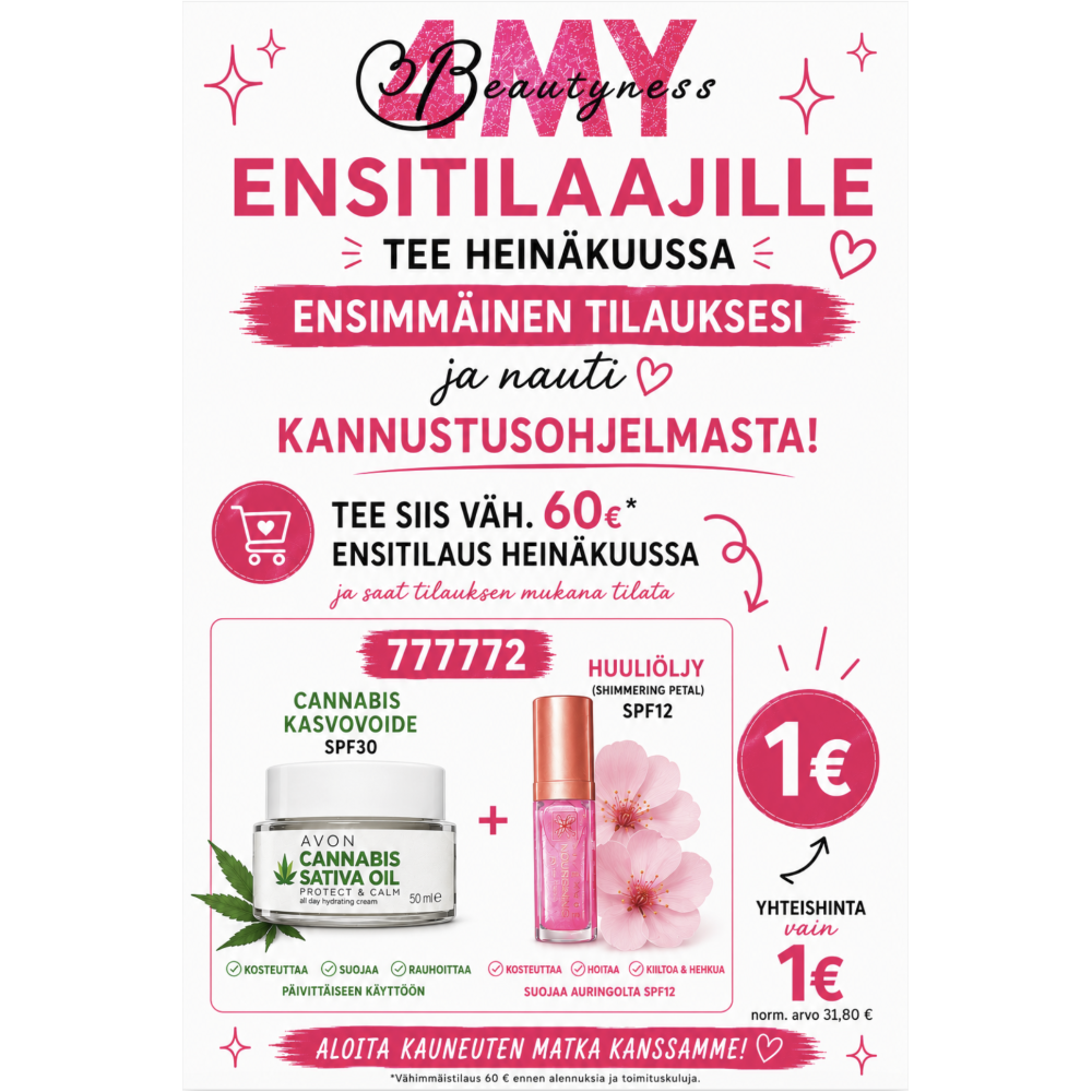 KANNUSTUSOHJELMA ENSITILAAJALLE Cannabis kasvovoide SPF30 & Huuliöljy (Shimmering Petal SPF12) hintaan 1€