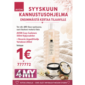 KANNUSTUSOHJELMA ENSITILAAJALLE AVON Cozy Cashmere 500ml Kylpyvaahdon + Reversin Argan&Vanilja Vartalovoi 200ml hintaan 1€