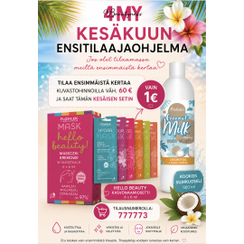 KANNUSTUSOHJELMA ENSITILAAJALLE Hello Beauty kasvonaamiosetti 6 x 6ml & Kookos suihkugeeli 400ml