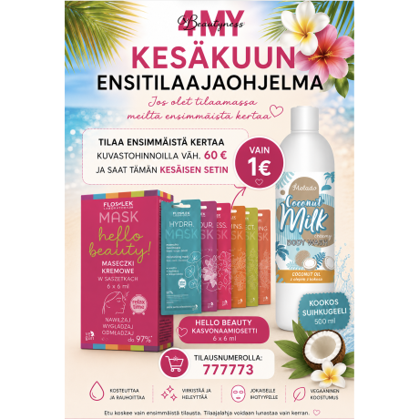 KANNUSTUSOHJELMA ENSITILAAJALLE Hello Beauty kasvonaamiosetti 6 x 6ml & Kookos suihkugeeli 400ml