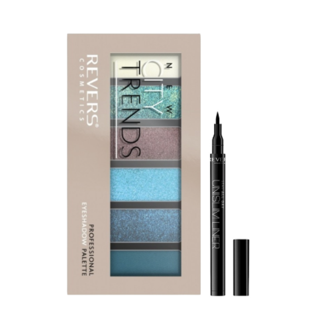 Luomiväripaletti 18 NEW CITY TRENDS & Unslim silmänrajaustussi + sellofaani 