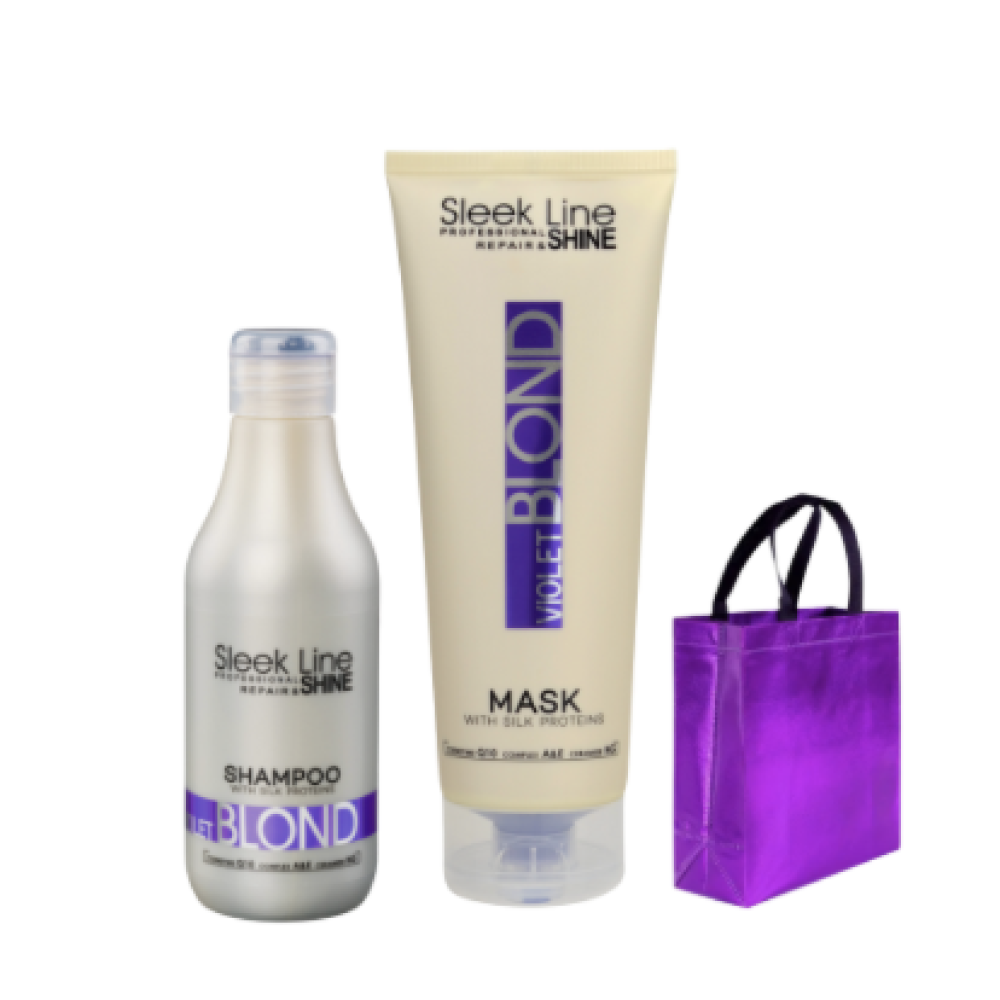 Sleek Line Violetti setti hiuksille (Shampoo 300ml  + Hiusnaamio250ml + kestokassi) 