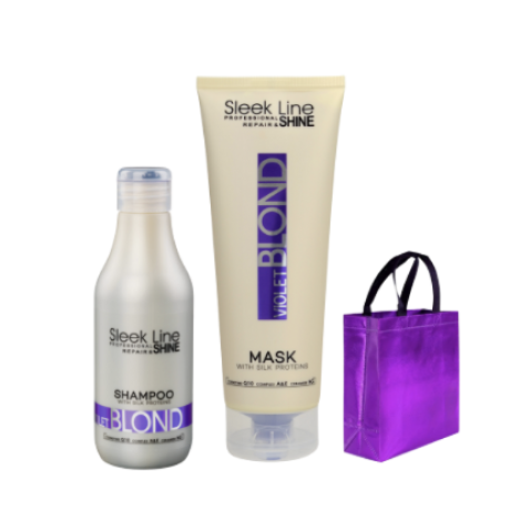 Sleek Line Violetti setti hiuksille (Shampoo 300ml  + Hiusnaamio250ml + kestokassi) 