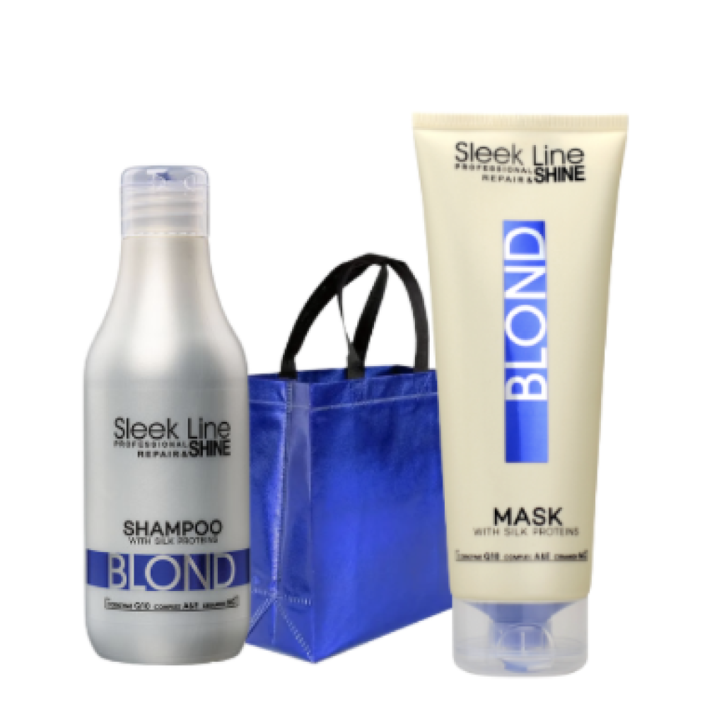 Sleek Line Silkkisetti Vaaleille hiuksille (sis. Shampoo 300ml, Hiusnaamio 250ml + kestokassi)