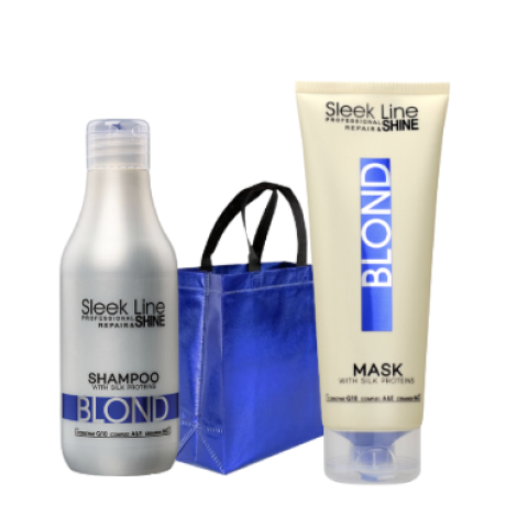 Sleek Line Silkkisetti Vaaleille hiuksille (sis. Shampoo 300ml, Hiusnaamio 250ml + kestokassi)