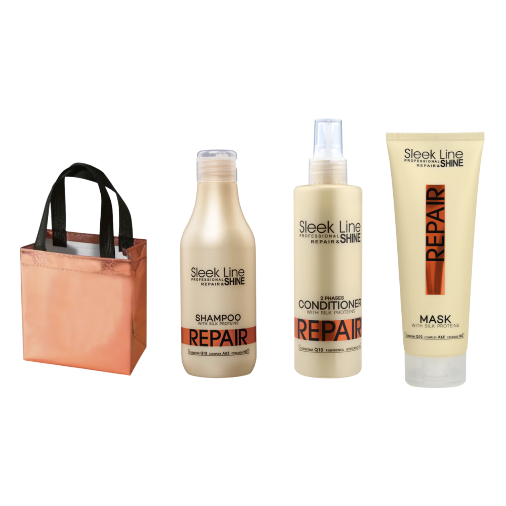 Sleek Line REPAIR setti sis. Shampoo 300ml + Hiusnaamio 250ml + Hoitosuihke hiuksille 200ml + kestokassi